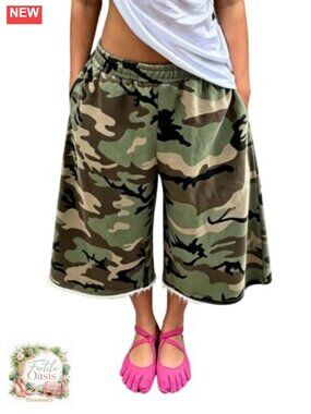 Women Wide Leg Sweat Capri Pants Baggy Camo Bermuda Shorts Jorts Elastic Waist
